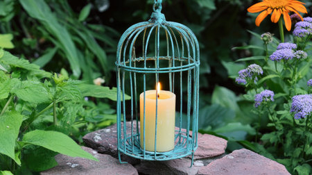 A serene candle displayed in an ornate birdcage amidst a lush garden, providing a charming and tranquil ambiance, perfect for outdoor relaxation or decor.の素材