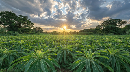 A breathtaking view of a vibrant green crop field at sunrise, surrounded by fluffy clouds, showcasing the beauty of nature and agriculture in a tranquil setting.の素材