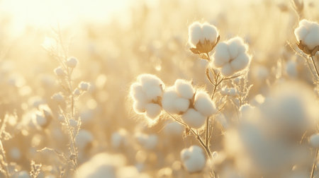 A serene view of cotton flowers softly illuminated by the morning sun, capturing the beauty of nature in a tranquil field setting. Perfect for agricultural themes.の素材
