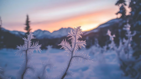 A close-up of frosted branches showcases delicate ice crystals at dusk, with a stunning sunset illuminating the mountainous background. Experience tranquil winter beauty.の素材