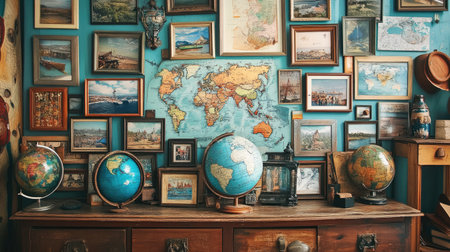 A stylish vintage themed interior featuring globes and world maps on a vibrant wall. This decor encapsulates adventure and exploration with cultural charm.の素材