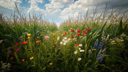 A breathtaking view of vibrant wildflowers blooming amidst a lush green cornfield under a dramatic cloudy sky, showcasing the beauty of nature.の素材