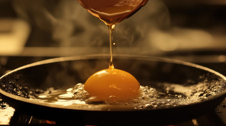 Close view of a raw egg being cracked into a hot pan, with golden yolk shining and steam rising, capturing the essence of cooking in a warm kitchen environment.の素材