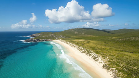 A breathtaking aerial view of a serene beach, showcasing clear turquoise water lapping against a soft sandy shore under a bright blue sky.の素材