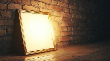 A beautifully styled empty picture frame leans against a warm brick wall, illuminated by soft lighting. Ideal for creative and interior design projects.の素材