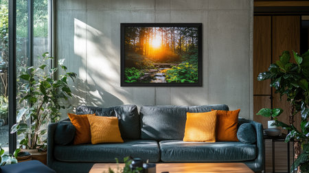 A welcoming living room featuring a plush couch with orange cushions, adorned by a stunning forest landscape artwork, bathed in warm sunlight streaming through.の素材