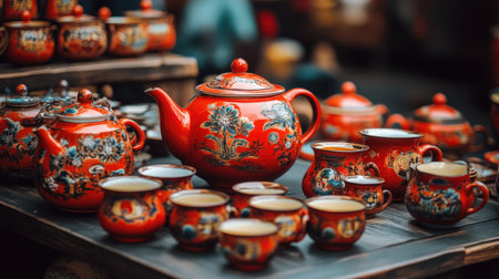 This image features a beautifully crafted red tea set, showcasing intricate floral designs. Perfect for highlighting traditional artistry and culture in a warm setting.の素材