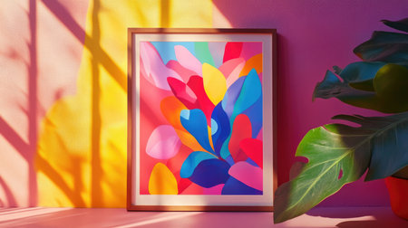 Bright and vibrant abstract art piece displays bold colors and shapes, enhancing a modern interior. Sunlight casts dynamic shadows, creating an inviting atmosphere.の素材