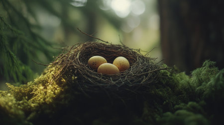 A beautifully composed nest containing three brown eggs rests on a bed of soft green moss, captured in a serene forest setting that highlights the tranquility of nature.の素材