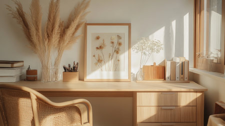 A serene home office setup featuring a wooden desk adorned with dried flowers and thoughtful decor. Soft sunlight enhances a cozy, minimalist atmosphere.の素材