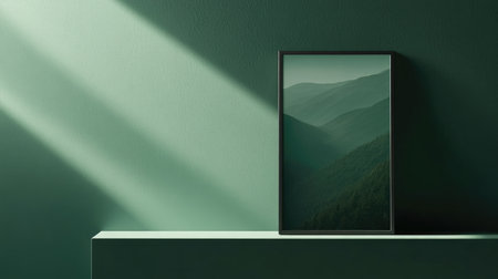 This minimalist art piece features a landscape with soft green tones and gentle shadows. Ideal for modern interior decor, it adds a serene touch to any space.の素材