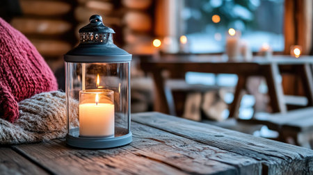 A serene cabin scene featuring a glowing candle lantern on a rustic wooden table, creating a warm and inviting atmosphere perfect for winter relaxation.の素材