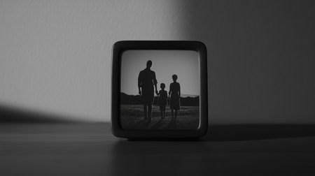 A touching black and white silhouette depicts a family walking together in nature. The vintage frame adds a nostalgic touch to this beautiful moment.の素材