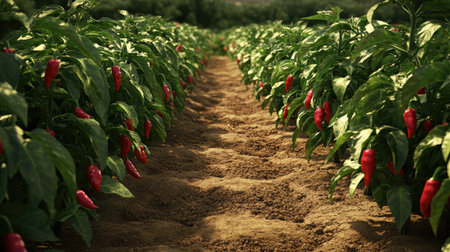 A lush agricultural field featuring vibrant red peppers hanging from green plants. The soil is rich and fertile, showcasing optimal growing conditions.の素材