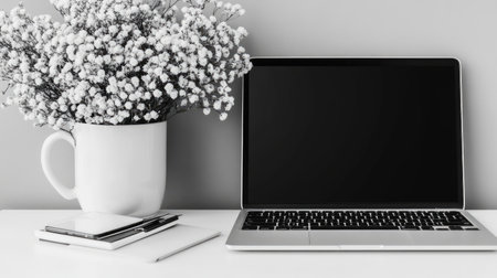 A modern workspace featuring a laptop with an empty screen beside a beautiful flower arrangement. The minimalist aesthetic creates a serene environment perfect for productivity and creativity.の素材