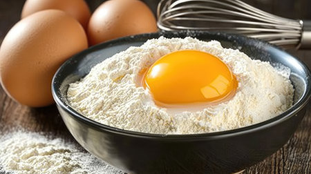 Close-up of a fresh egg yolk resting on a mound of flour in a black bowl. A whisk in the background enhances the kitchen scene, perfect for baking enthusiasts.の素材