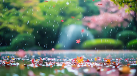 A serene garden scene features gentle rainfall over vibrant autumn leaves floating on a pond, creating a tranquil atmosphere and showcasing nature's beauty.の素材