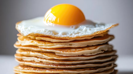 A visually appealing stack of fluffy pancakes topped with a vibrant yellow egg yolk, perfect for breakfast or brunch enthusiasts. Ideal for food lovers.の素材