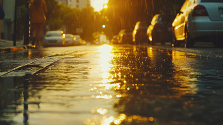 A serene urban scene showcasing rain-soaked pavement reflecting a golden sunset, creating a tranquil atmosphere. Perfect for mood and weather themes.の素材