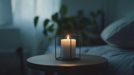 A serene bedroom scene featuring a softly glowing candle on a wooden table, surrounded by greenery and soft lighting, creating an inviting atmosphere.の素材