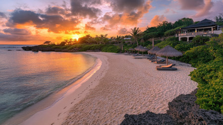 Experience the tranquility of a serene tropical beach at sunset, showcasing gentle waves, soft sands, and lush green surroundings. Ideal for relaxation.の素材