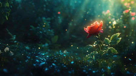 A breathtaking red rose stands gracefully in a magical forest, illuminated by soft sunlight. Dew drops rest on its petals, enhancing the enchanting atmosphere.の素材