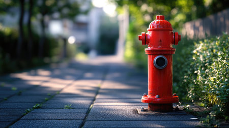 A bright red fire hydrant stands prominently on a pathway, surrounded by lush greenery. This image captures urban safety and aesthetic charm in a tranquil setting.の素材
