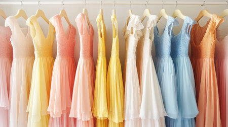 A vibrant collection of colorful summer dresses hanging elegantly in a boutique, showcasing a variety of pastel shades perfect for any occasion.の素材