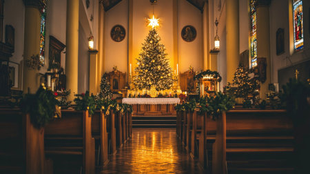 A beautifully decorated church sanctuary with a Christmas tree adorned with lights, creating a warm and serene atmosphere perfect for holiday celebrations.の素材