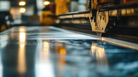 A metal cutting machine operates in an industrial setting, showcasing the precision and advanced technology used in modern manufacturing processes.の素材