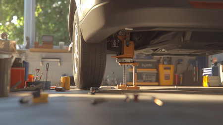 A car is lifted in an auto shop, showcasing tools scattered on the floor and sunlight streaming through windows, creating a warm, inviting atmosphere for maintenance tasks.の素材
