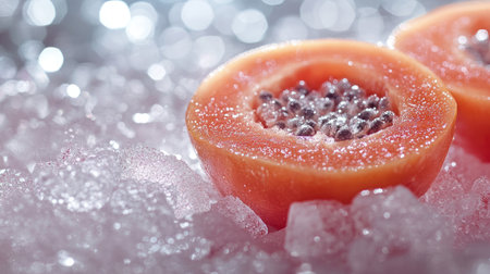 A close-up of a fresh sliced papaya resting on ice, showcasing its vibrant orange flesh and glossy seeds, perfect for nutritional and culinary themes.の素材