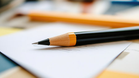 A close-up view of a black pencil resting on white paper, surrounded by various office supplies. The image showcases a creative workspace atmosphere.の素材