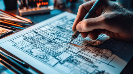 A close-up of a hand holding a pencil, sketching a detailed architectural design plan on paper. The creative workspace includes various art tools.の素材