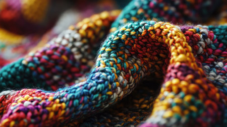 Soft, colorful knitted fabric showcasing vibrant patterns and cozy texture. Ideal for backgrounds, projects, and expressing warmth and creativity in design.の素材