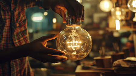 A close-up view of hands holding a vintage light bulb, showcasing its warm glow and intricate design, set in a cozy workshop filled with creative energy.の素材