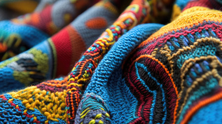 This image showcases a colorful fabric with intricate patterns and rich textures, highlighting detailed embroidery. The vibrant colors create a visually appealing design perfect for artistic projects.の素材