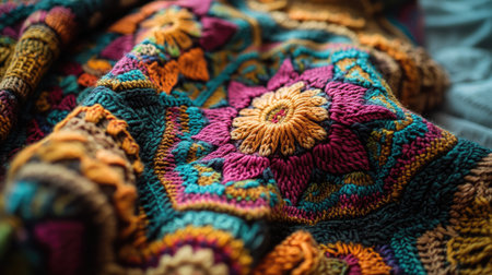 This image showcases a vibrant handcrafted textile featuring intricate floral patterns. The rich colors and detailed craftsmanship evoke a sense of warmth and comfort.の素材