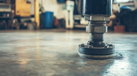 This image showcases industrial equipment resting on a concrete floor, ideal for concepts of maintenance and repair in a workshop environment.の素材