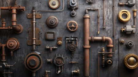 A detailed display of vintage industrial pipes, valves, and gears arranged on a textured wall. This collection showcases unique metal designs and rustic charm suitable for various creative projects.の素材
