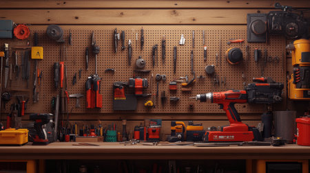A well-organized workspace featuring an array of tools and equipment on a wooden pegboard. Ideal for showcasing craftsmanship and home improvement projects.の素材