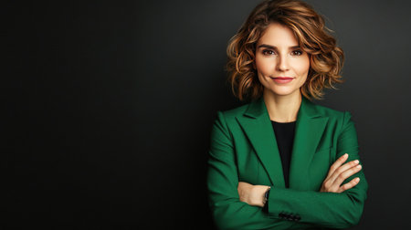 This image features a confident young businesswoman in a green blazer, with arms crossed in a professional and stylish pose against a dark backdrop.の素材