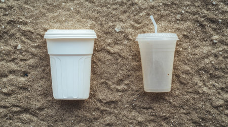 Two disposable cups, one white and one clear, sit on sandy beach. This image highlights summer vibes and refreshment moments during outdoor activities.の素材