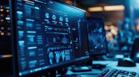 A focused view of computer screens displaying complex data analytics and visualization in a contemporary workspace environment, emphasizing technology and innovation.の素材
