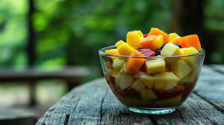 A vibrant bowl of fresh fruit salad featuring diced mango, pineapple, berries, and more. Perfect for summer gatherings or healthy snacking.の素材