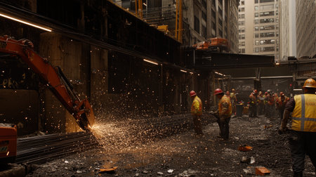 A bustling urban construction site showcases workers in safety gear operating machinery, creating sparks amid a busy city landscape. The image captures industrial progress.の素材