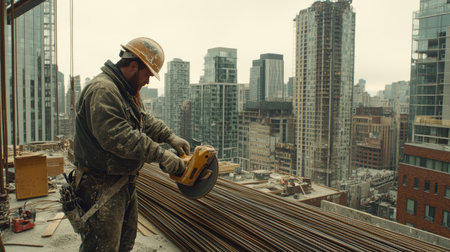 A focused construction worker using a circular saw on a high-rise building site amidst an urban skyline. Safety gear is essential for this labor-intensive industry.の素材