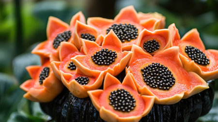 A stunning display of vibrant papaya flower shapes arranged elegantly with contrasting black seeds, showcasing nature's beauty in a garden setting.の素材