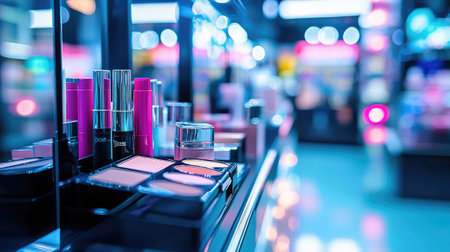 A captivating close-up of a beautifully arranged makeup display, featuring colorful products and inviting reflections, ideal for beauty and fashion themes.の素材