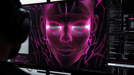 Stunning digital art showcases a glowing face with neon elements against a modern tech backdrop. Perfect for high-tech and futuristic themes.の素材